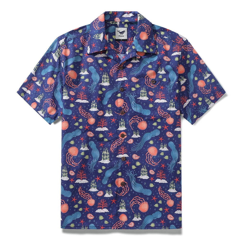 Summer Hawaiian Shirt For Men Underwater Cotton Beach Shirt Camp Collar