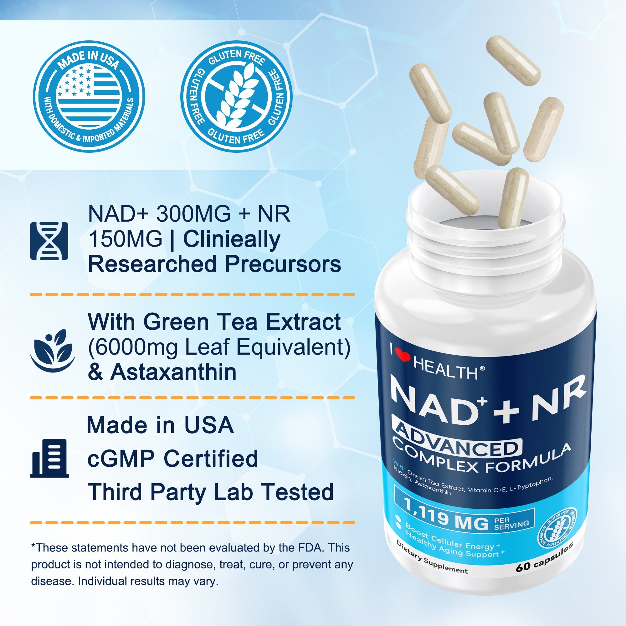 NAD+ Supplement 300mg with NR 150mg | NMN Alternative & Resveratrol-Like Benefits | 6000mg Green Tea Extract + Astaxanthin | Anti-Aging Cellular Energy Support | 60 Capsules, Made in USA