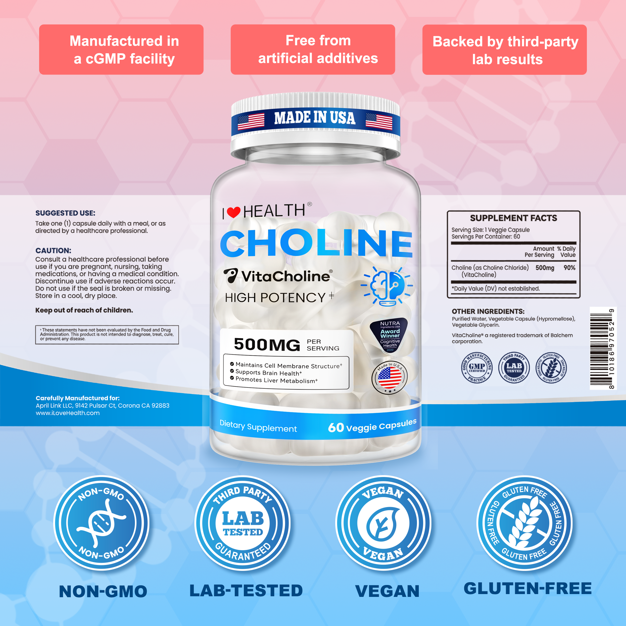 First Liquid Choline Supplement 500mg with VitaCholine® – USA Cognitive Health Award Winner – Superior Absorption – Supports Pregnancy, Baby Brain Development, Liver & Cell Health – 60 Veggie Capsules