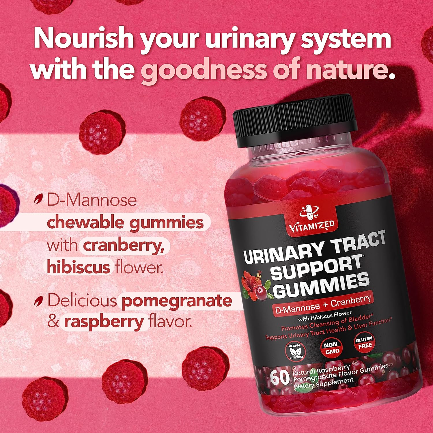 Powerful Cranberry Gummies  with D-Mannose - Urinary Tract Health - Fast-Acting Bladder Support Supplement - 60 Count