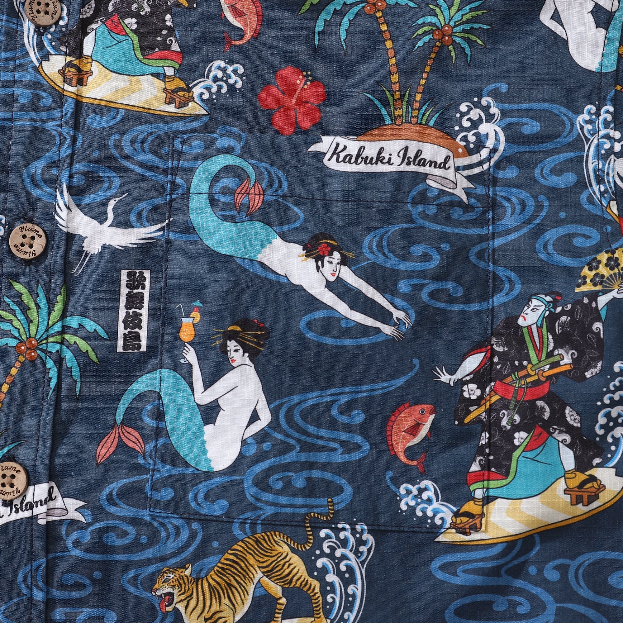 Men's Hawaiian Shirt Aloha Kabuki Print BY Julia Madoka Cotton Button-down Short Sleeve Aloha Shirt
