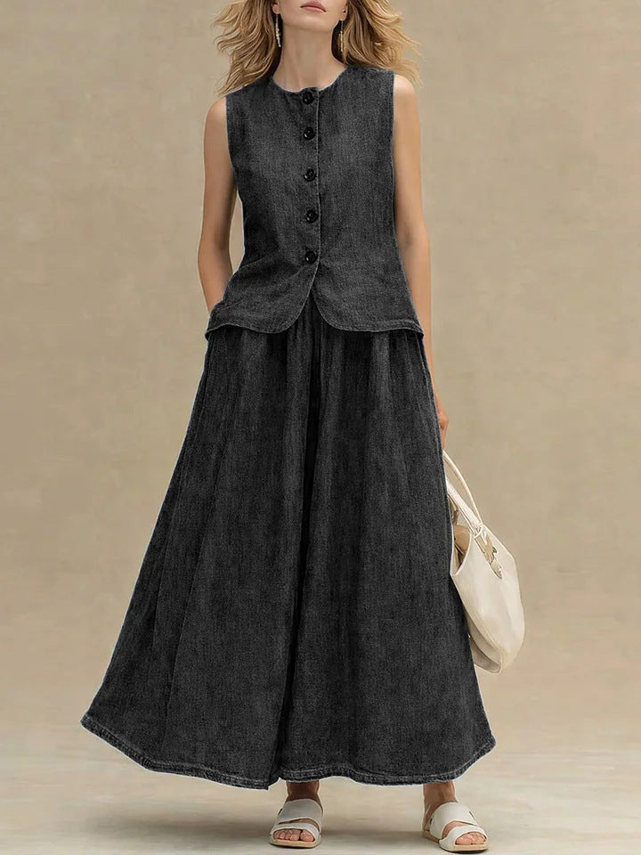 Women's Crew Neck Denim Vest Top & High-Waist A-Line Skirt Set – 3 Colors S–XXL