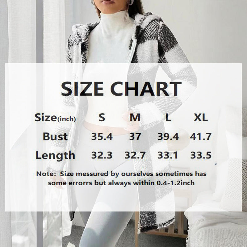 Plaid Hooded Sherpa-Lined Long Coat with Pockets