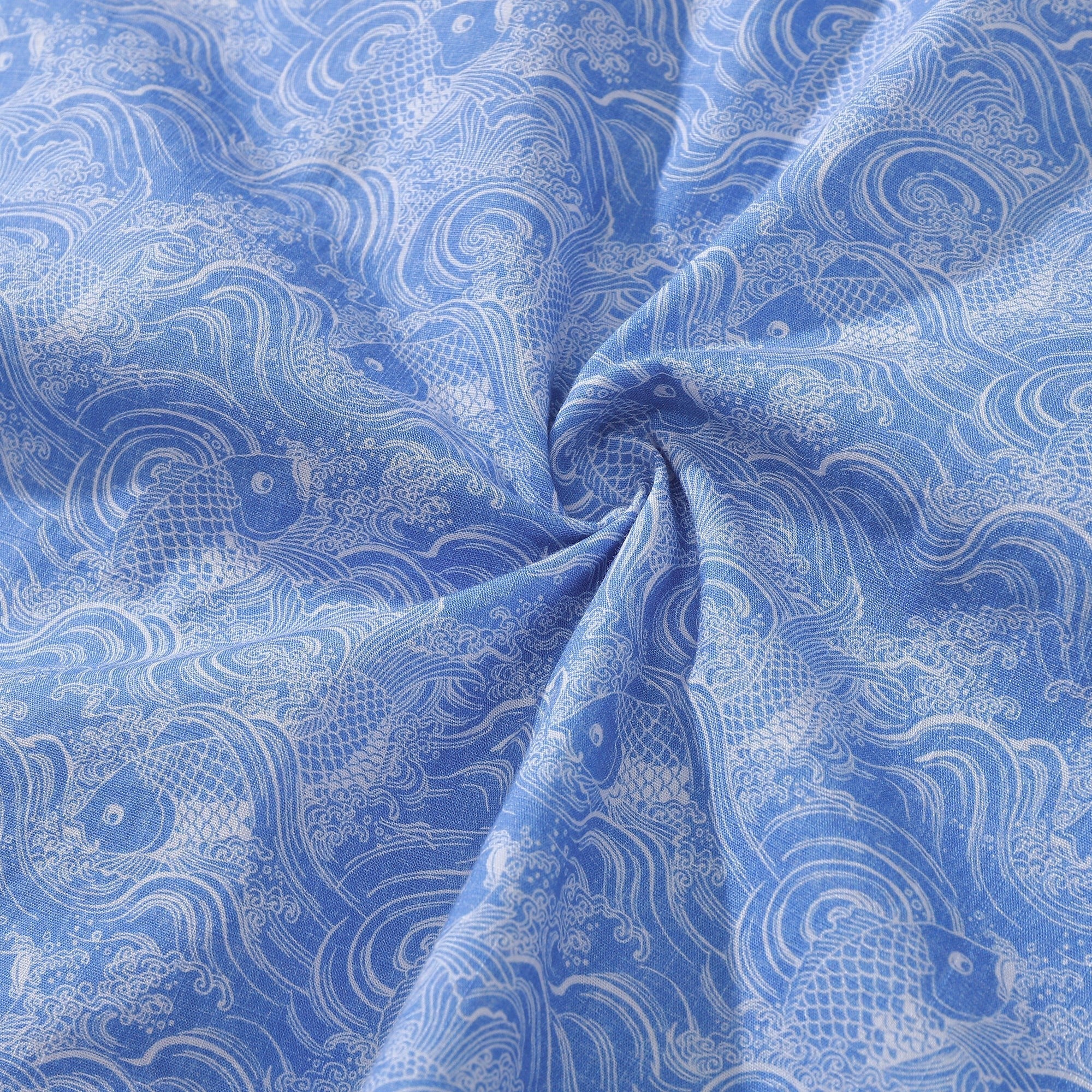 Hawaiian Shirts For Men Traditional Koi Carp Printed 100% Cotton Short Sleeve - Blue